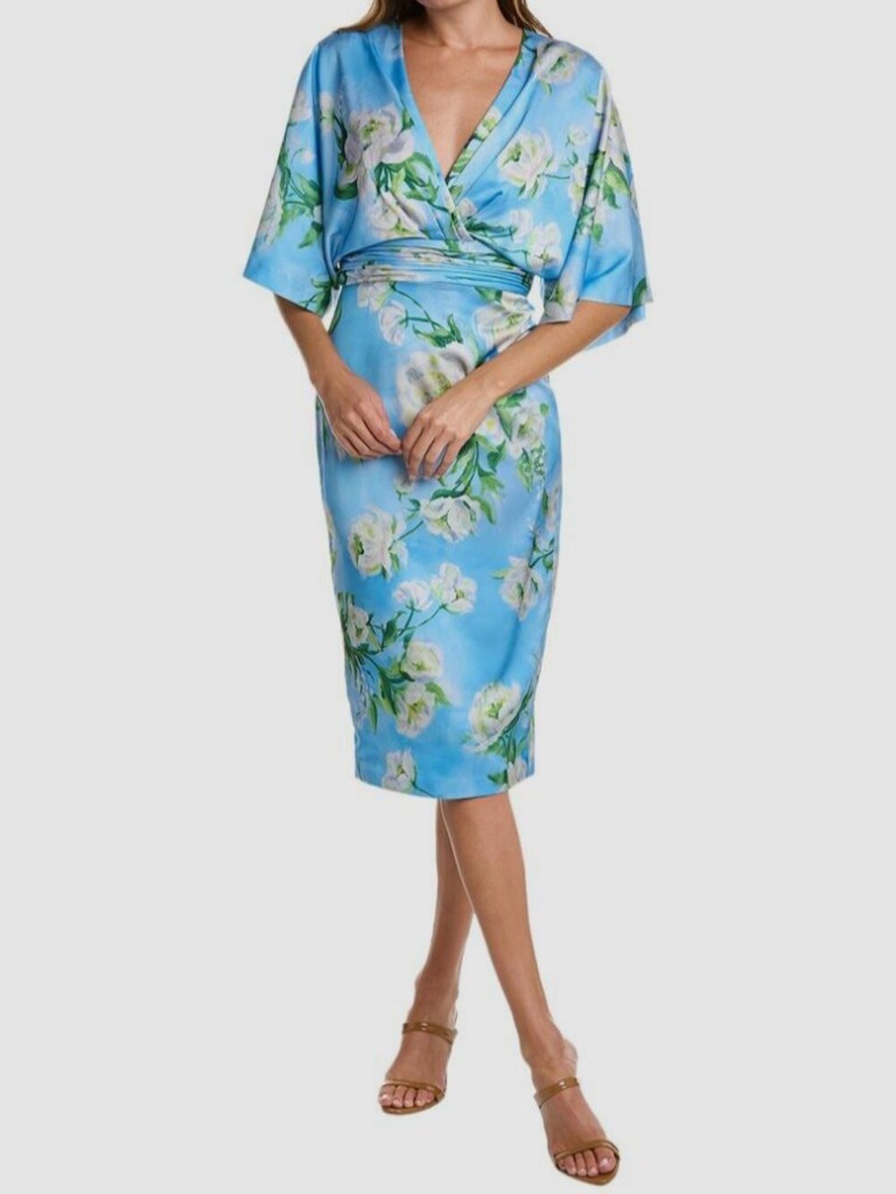 Theia Women's Blue Floral Kimono-Sleeve Liana Sheath Dress Size 0